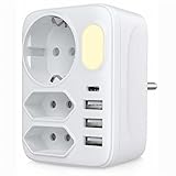 VEFVE USB Steckdose mit Nachtlicht, 8 in 1 Triple Plug Adapter mit 3 USB-A Ports, 1 USB-C Port und Nachtlicht, Wandsteckdose Ladestation für Haushaltsgeräte, Handys, Tablets, Weiß