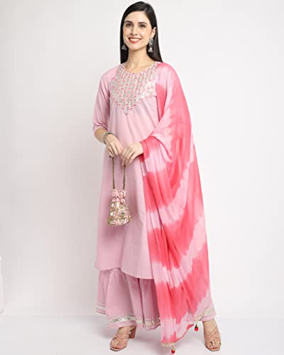 Image of Rajnandini Women's Cambric Cotton Solid Pure Embroidered Kurta Set With Dupatta