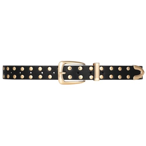 JASGOOD Women Studded Belt Ladies Punk Belt Gold Buckle Vintage Leather Belt for Jeans Dress 6
