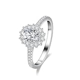 Promise - Anillo para mujer con flor ovalada de 5 x 7 mm con moissanite de 1 quilate, plata blanca de 18 quilates, talla 47 (15,0)