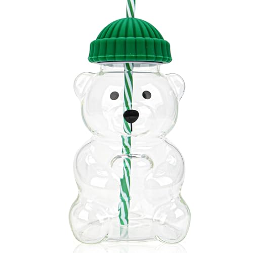 KFDDRN Bear Glass Cup with Straw and Lid Juice Cup Drinking Cup New Cute Bear Coffee Mug Water Cup for Car Birthday Gift for Girls Valentines Day Gift