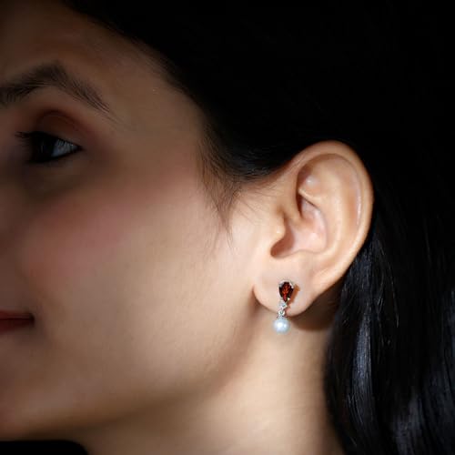 Certified Pearl Garnet Bridal Earrings, AAA Quality, Real Pearl Drop Earrings in Silver - Gift For Women3