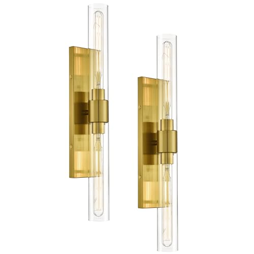 Image of HWH Brushed Gold Wall Sconces Set of 2, 2-Light, 5HY104B-2W-2PK BG | Wall Mounted, Vertical and Horizontal Mounting, Vanity Light Bar, 24-Inch Bathroom Vanity Lights Over Mirror, For Bedroom