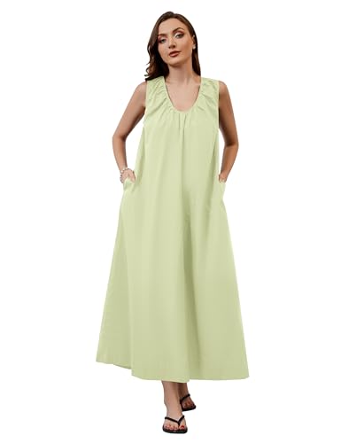Image of OLAPTA Women Summer Sleeveless Maxi Dress Scoop Neck Ruched Loose Fit Casual Elegant Solid Vacation Long Dress with Pockets
