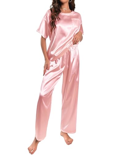 HANERDUN Women's Satin Pyjama Set Silk Pyjamas for Women Short Sleeve Pjs with Long Pajama Pants Soft Sleepwear Set Loungewear for All Seasons S-XL Light Pink