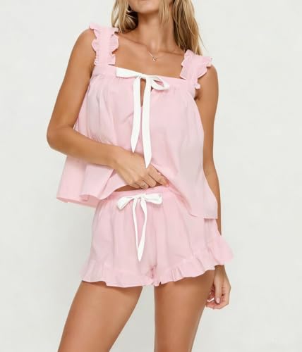 Image of ROAONOCOMO Women Floral Pajama Set Ruffle Babydoll Cami Top Coquette Pj Set Gingham 2 Piece Shorts Outfit Bridal Loungewear