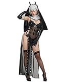 MEOWCOS Women's Nun Costume Halloween Cosplay Gothic Wicked Nun Uniform Mesh Dress with Gloves Pantyhose