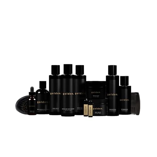 Golden Grooming Co. Complete Men's Grooming Gift Set - Beard Oil, Face & Body Wash, Shampoo, Balms, Moisturizer, Scrub & More