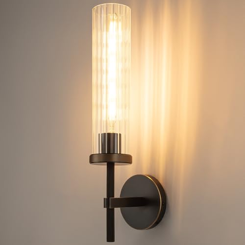 Vookea 19.5" Knurled Brass Wall Sconce with Vertical Striped Glass