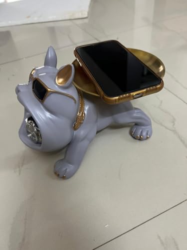 Image of Bulldog Resin Storage Tray | Decorative Dog Statue with Sunglasses | Multifunctional Remote, Key & Coin Holder for Home, Office, Entryway, or Living Room Decor (Grey)