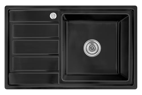 Omeere, 80x50x21 Fregadero de cocina, de acero inoxidable 304, grosor de material 0,9 mm, Fregadero empotrado 1 seno,pequeña rectangular,cuadrado, R16 (escurridor izquierdo – negro)