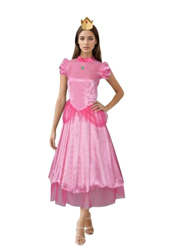 FEIWOBIRD Women Princess Peach Costume Super Brothers Party Gown Ball Dress (Pink, Medium)