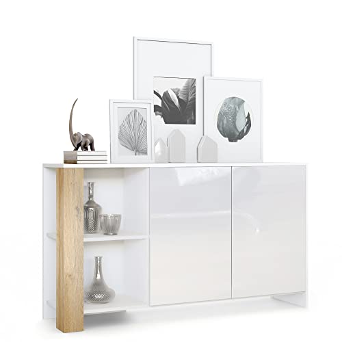 Vladon Sideboard Canto, Made in Germany, Lange Anrichte mit 2 Türen und 6 Fächern, Korpus Weiß matt, Fronten Weiß Hochglanz, Dekor-Paneele Eiche Natur (143 x 81 x 36 cm) Vladon Sideboard Canto, Made in Germany, Lange Anrichte mit 2 Türen und 6 Fächern, Korpus Weiß matt, Fronten Weiß Hochglanz, Dekor-Paneele Eiche Natur (143 x 81 x 36 cm)