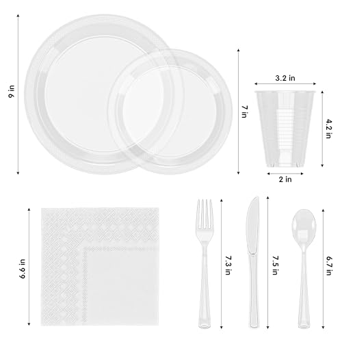 Image of Exquisite 350 Pcs Clear Plates and Napkins Party Supplies Plate Sets | Sturdy Plastic Dinnerware Set With 9 inch & 7 inch Plates, 12 Oz Cups, Lunch Napkins and Cutlery Serves 50 for Birthdays & Everyday