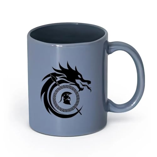 LAYEHDF céramique Tasse en céramique pour café, thé et cacao Dragon Bouclier grec Casque de guerrier Lance （11oz/320ml） Tasses à café en céramique pour la maison ou le travail Blaugrau