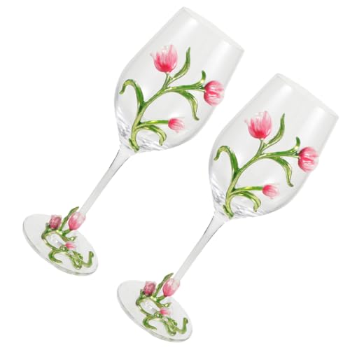 OFFSCH Juego de 2 Elegantes Copas de Vino con Base Alta en Relieve con Estampado de Tulipanes Elegantes Copas de Vidrio para Beber para Cócteles