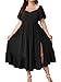 SCOMCHIC Womens Plus Size Wedding Guest Cocktail Dresses Sweetheart Neckline Short Sleeve Smocked Ruffle Slit Maxi Dress Black
