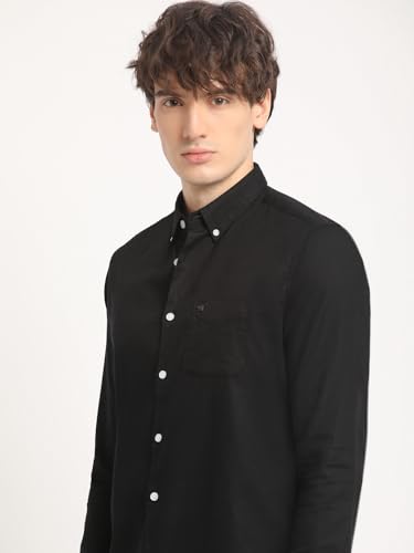 Image of The Bear House Men Black Solid Slim Fit Cotton Casual Shirt