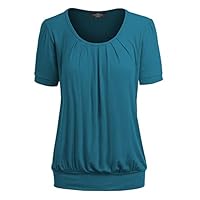 Made By Johnny Blusa feminina com gola redonda, manga curta, plissada, frente única, plus size, Wt1175_azul-petróleo, 3G