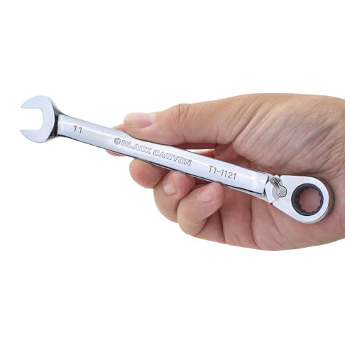 Image of BLACK CANYON 11 mm Ratchet Combination Wrench, 12-Point Box End & Hex Opening, Polished Steel Ratcheting Wrench with SAE & Metric Sizes