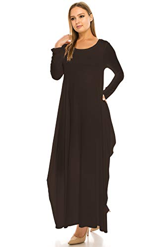 CB Womens Long Sleeve Stretch Loose Fit Maxi Dress with Pocket - Made in USA, 1X, Brown