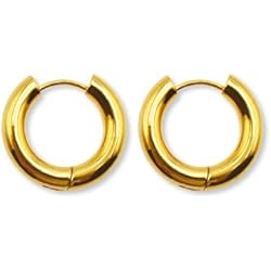 Pendientes Aros Dorados Gruesos GOLDENCAT Pendientes Classic Dorados, Pendientes de Aro Gruesos, Argollas Doradas, Argollas de Acero Dorado, Anillas Doradas, Diámetro del Aro 23 mm, Acero Inoxidable, Baño Oro 14k