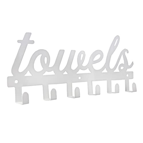 AuldHome Design White Towel Hanger w/ 6 Hooks, Farmhouse Style Towel Hanger Hooks for Wall/Door Mounted