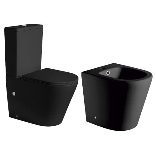 Pack Wc Inodoro NEGRO MATE Completo Redondo Rimless de Fondo Reducido con Cisterna y Tapa Extrafina con Caída Amortiguada + Bidet NEGRO MATE a Suelo de Baño Redondo