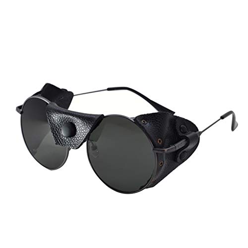 OSSAT sunglasses with side shields round Steampunk eyewear cowhide Shield wind proof sunshade For Men Women metal Frame