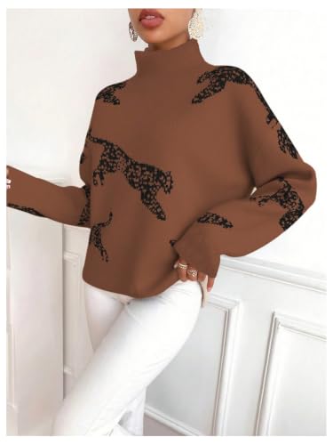 Image of WDIRARA Women's Leopard Tiger Print Sweater High Neck Long Sleeve Fuzzy Knitted Pullover Top
