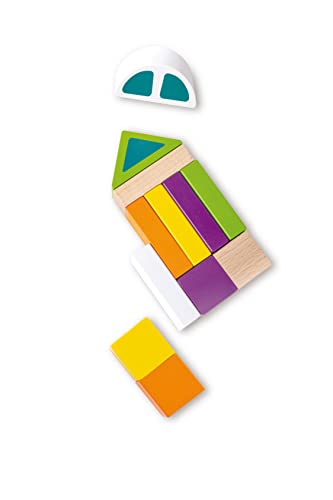 Image of Hape: Space Monster Stacking Blocks - 54pc Wooden Colorful Various Shapes Set, Wheels to Build A Car, Stack & Play Toy, Kids, Toddlers & Baby Ages 1+