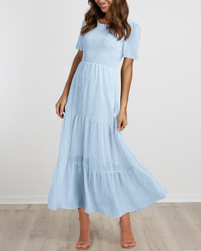 Image of BTFBM Women Casual Short Sleeve Crew Neck Summer Dress Bohemian Floral Printed Flowy Maxi Dresses Tiered Cocktail Dress
