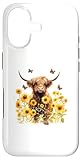 Cute Highland cow with sunflowers country Garden