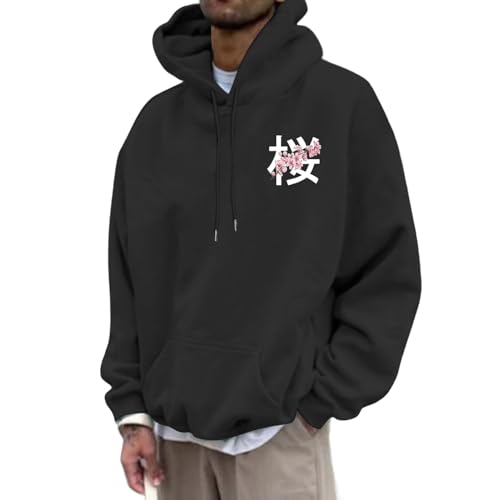 Men's Casual Hoodies Solid Color Pullover Floral Long Sleeve Hooded Sweatshirt with Pocket Loose Fit Fall Tops Vacation Sport