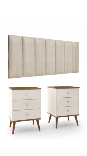 Conjunto Cabeceira Cama Queen 1,60 Com Kit 2 Criados Quarto, Off/Freijo