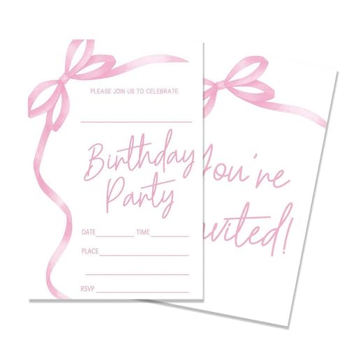 25Pcs Pink Bow Girls Party Invitations Elegant Birthday Party Invitations Sweet Birthday Invitation Cards Invitation Cards for Girls and Women