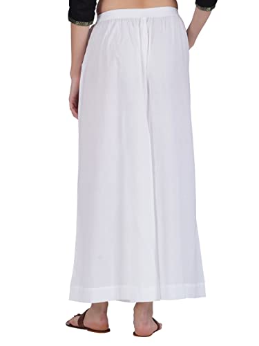 Image of fabcoast Loose Fit Palazzo Pants for Women A-Line Flared Wide Leg Summer Ethnic wear Pure Cotton Cambric with Full Elastic Waistband and 2 Side Pockets
