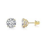14k Yellow Gold Solitaire Round Cubic Zirconia Stud Earrings in Secure Screw-backs