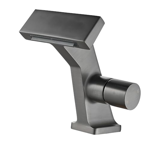 Mitigeur laiton gris pistolet haut de gamme avec bec cascade et finition noir chromé design