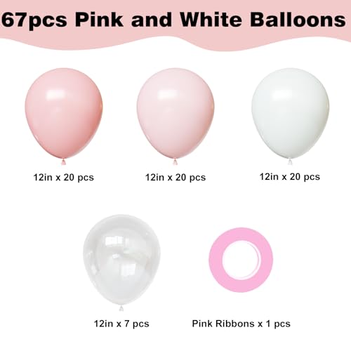 Image of Pink and White Balloons, Pink Balloons Set, 67pcs 12 Inch Light Pink and White Balloon for Wedding, Bridal Shower, Baby Shower, Birthday, Valentines Party Decorations
