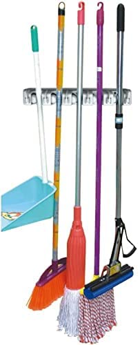 JOEY'Z Mop and Broom Holder Hanging Wall Mounted Rack Organizer, 5 Slots and 6 Hooks