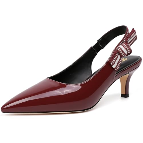 RIBONGZ Women Slingback Low Kitten Heel Shoes Closed Pointed Toe Dress Pumps Slip on Patent Leather Comfort Heels Braided Bowknot Work Wedding Shoes