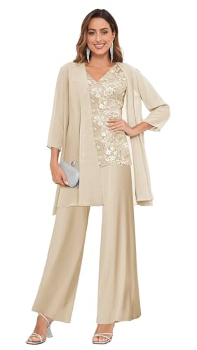 3 Pieces Mother of The Bride Pant Suits for Wedding Lace Chiffon ...