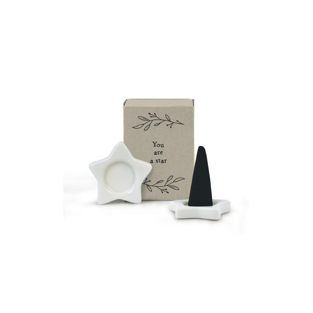 East of India Mini Matchbox Incense Holder & Two Incense Cones Black Pomegranate Porcelain Inspirational Quote "You Are A Star" Star Aromatherapy 4.5 x 3.4 x 2cm