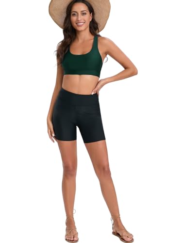 Women Racerback Sports Swim Bra High Neck Bikini Tops Black Workout Bathing Suit Padded Tops Only