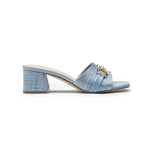Athlefit Blue Sandals for Women Square Open Toe Chunky Block Mule Heels Dressy Raffia Heeled Sandals with Metal Chain for Summer Vacation Size 6.5 — view 4