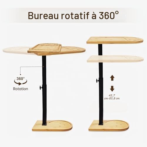 Table d'Appoint Forme C Bambou Métal Moderne Hauteur Réglable, Table d'Appoint de Lit, de Canapé, de Chevet, de Soins, pour Salon Chambre Salle de Bains, Style C