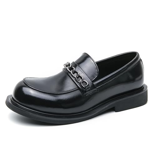Men's Leather Chunky Platform Loafers Vintage Round Toe Metal Chain Anti-Slip Heel Slip-On Dress Shoes for Business, Party, Evening