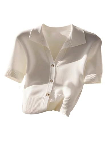 GORGLITTER Women's Short Sleeve Cardigan Sweaters Casual Knit Button Down Collared Sweater Top