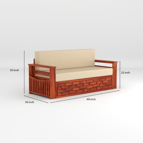 Image of Solid Sheesham Wood Sofa Cums Bed with Mattress & Storage | Rosewood Convertible Sofa Bed for Living Room & Bedroom (E-Honey, 3 Seater)